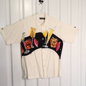 Tori Richard Mens Vintage Cocktail Print Hawaiian Shirt Off White Black Size Lg